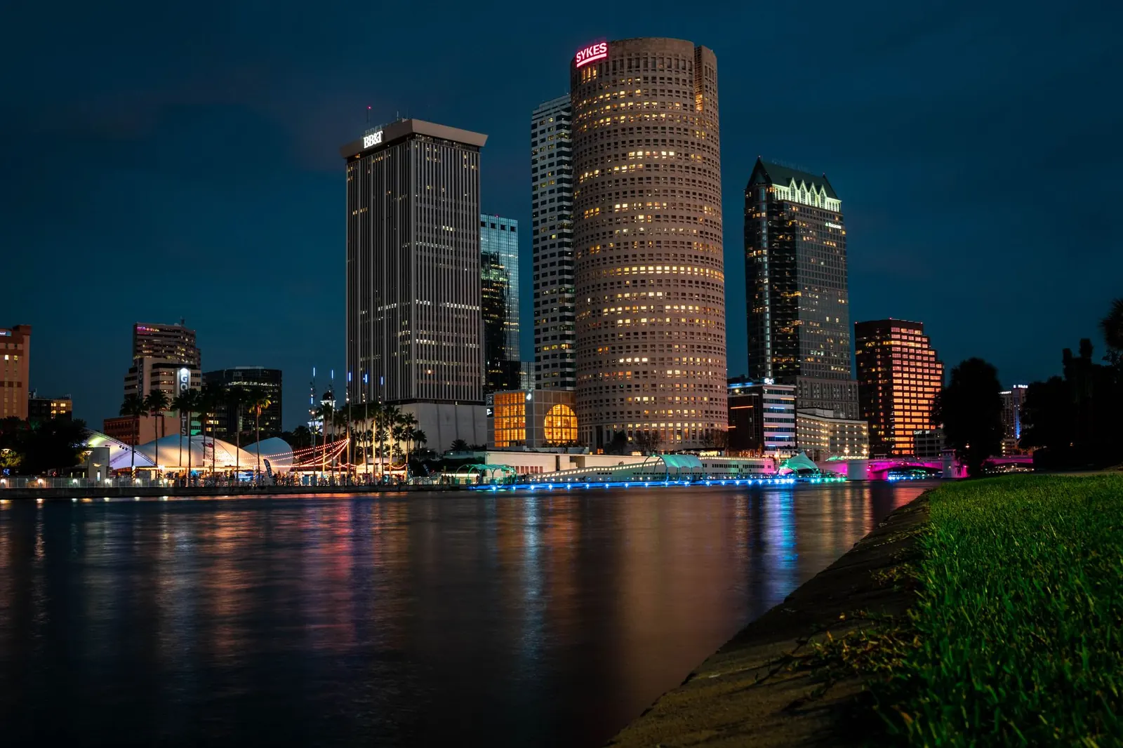 Downtown Tampa towers reflected in the river at night